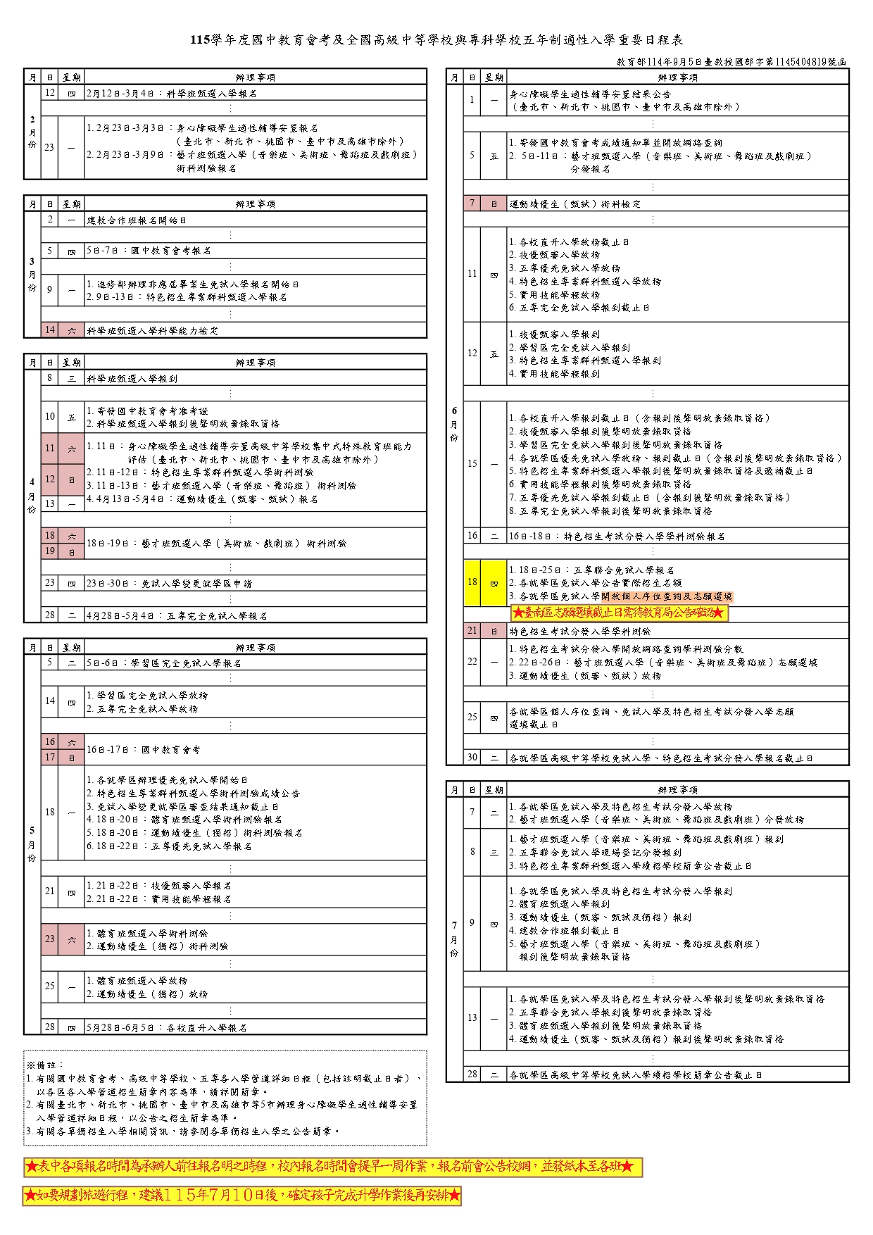 115學年度國中教育會考及全國高級中等學校與專科學校五年制適性入學重要日程表(含加註).jpg