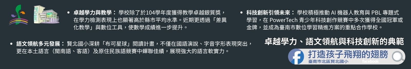 賢北國小深耕語文與科技，學力表現亮眼，擁七成雙語師資，致力培育具競爭力的學生。