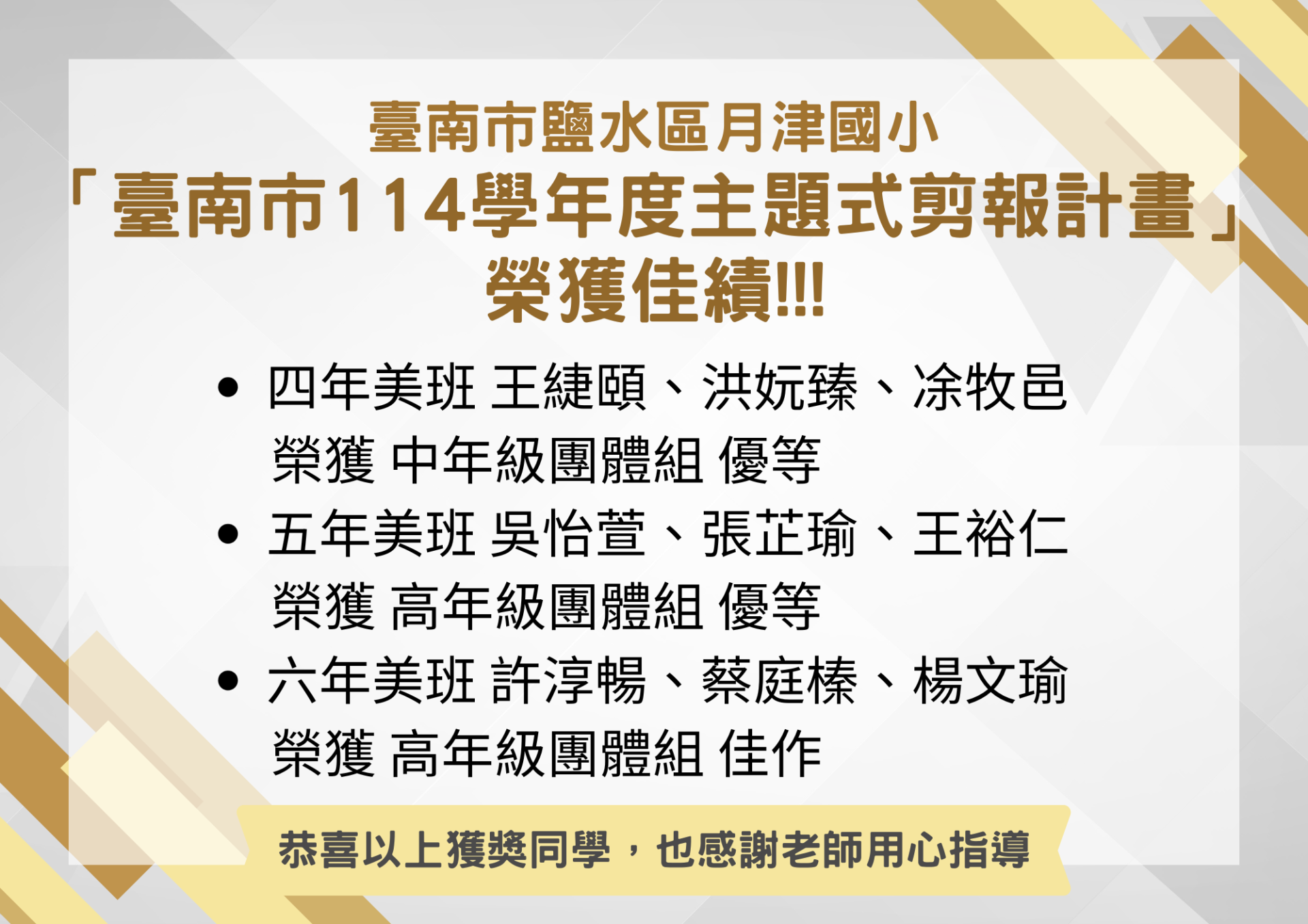 「恭喜本校學生參加「臺南市114學年度主題式剪報計畫」榮獲佳績!」封面