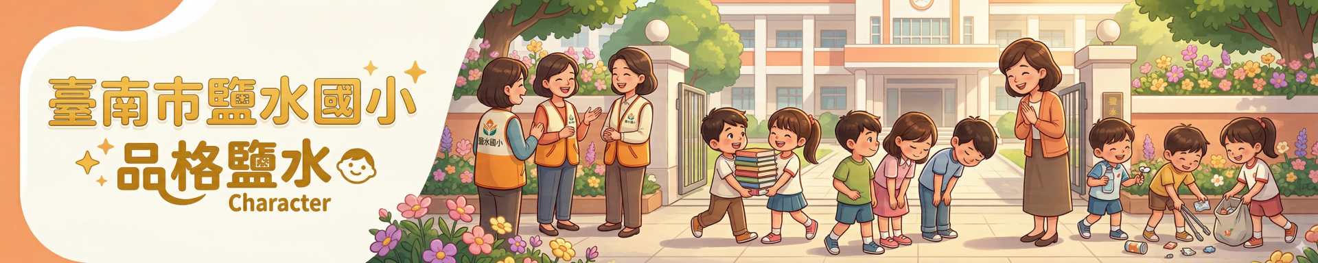 臺南市鹽水國小「品格鹽水 Character」主題形象圖。溫暖橙黃色調的校園門口場景，老師帶領身穿志工背心的學童進行環保服務，孩子們撿拾垃圾、整理花圃，呈現學校重視品格教育與服務學習的精神。