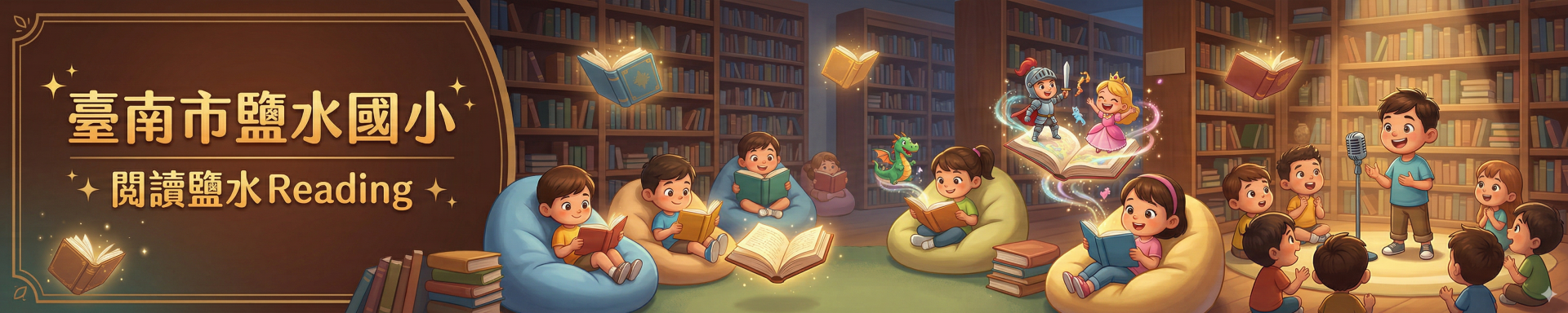 臺南市鹽水國小「閱讀鹽水 Reading」主題形象圖。溫暖棕色圖書館場景中，多名學童坐在懶人沙發上專注閱讀，書本發出金色魔法光芒向四周飄散，背景為高聳的木質書架，呈現書香浸潤的閱讀氛圍。
