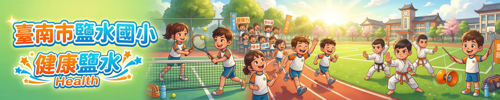 臺南市鹽水國小「健康鹽水 Health」主題形象圖。陽光校園運動場景，學童們活力四射地進行網球、田徑跑步及空手道等多元運動，校舍建築與盛開的粉色花樹為背景，展現全方位的體育教育。